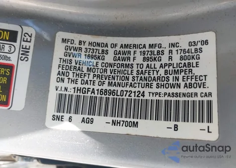 2006 Honda Civic Ex from USA, damaged, VIN 1HGFA16896L072124